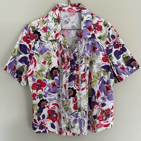 Linen Floral Summer Shirt Blouse Button Down Pink Purple Flowers Size M-L - Picture 1 of 4